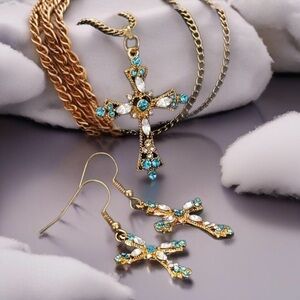 Gold Cross Necklace & Earrings Set NWT